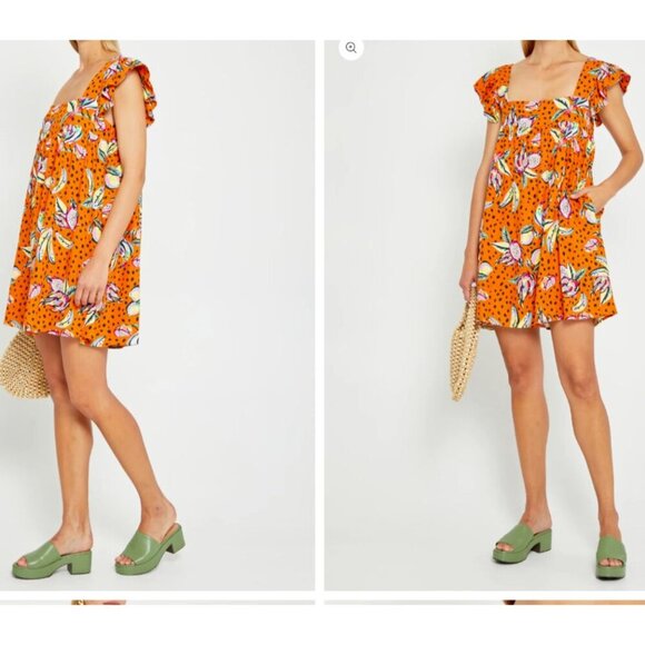 Kourt Aria Linen Tropical Short Dress Pockets Fruit Bird Medium Orange - Picture 14 of 14